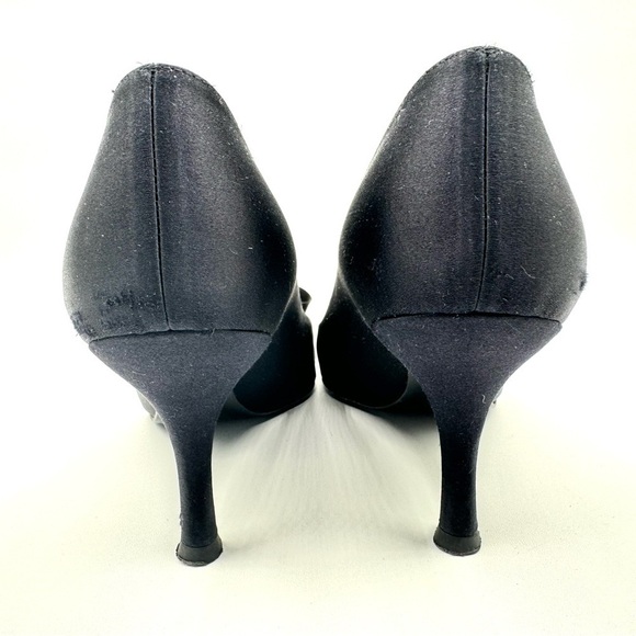 STUART WEITZMAN BLACK SATIN HEELS OPEN TOE HEELS RUFFLE DETAIL MADE IN SPAIN 9.5 - Picture 8 of 16